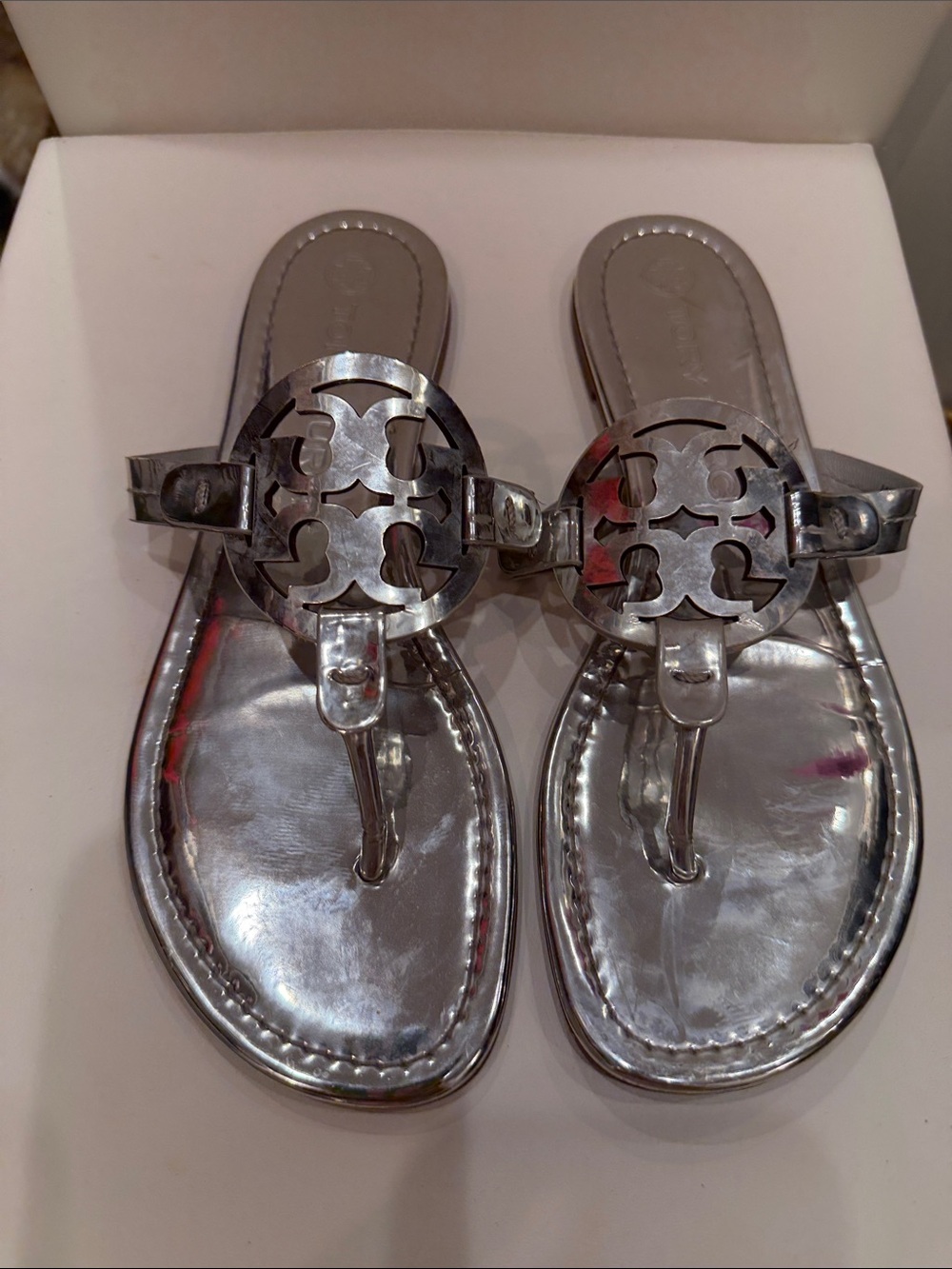 Tory Burch Metallic Silver Logo Thong Sandals